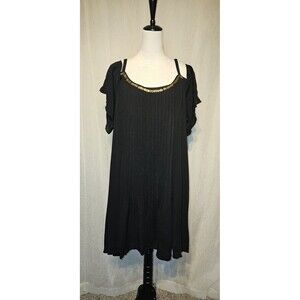 NWT Torrid Women's 1X Plus Black Mini Gauze Cold Shoulder Trapeze Dress Sequin